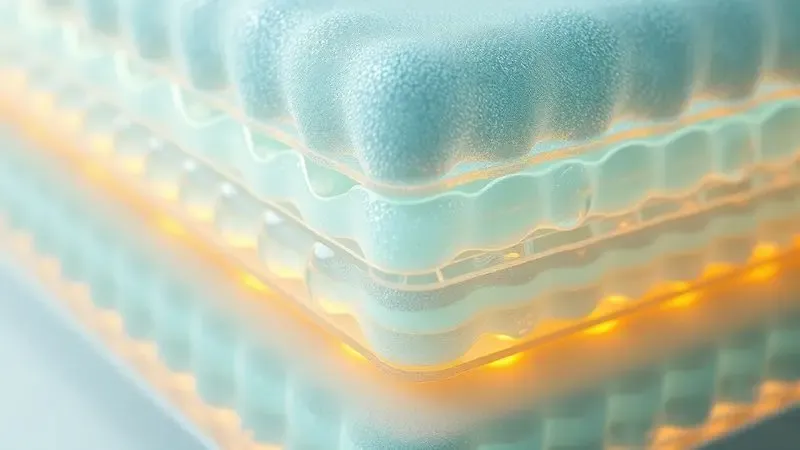 Visão artística aproximada das camadas de espuma tecnológica e porosa de um colchão de alta qualidade.