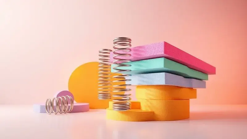 Representação conceitual em 3D das camadas de espuma e molas internas de um colchão de alta qualidade com iluminação quente.