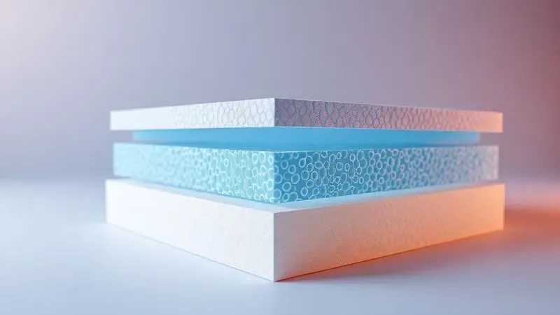 Representação conceitual das camadas tecnológicas de um colchão de espuma viscoelástica.