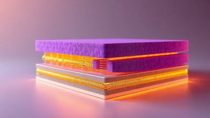 Ilustração conceitual 3D das camadas internas de espuma densa e molas de um colchão de alta resistência.