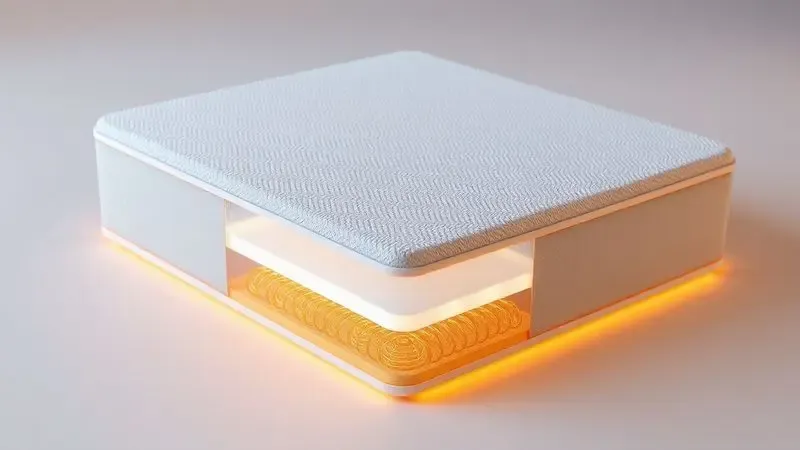 Corte conceitual em 3D mostrando a tecnologia interna de molas e camadas de conforto de um colchão de alta qualidade.