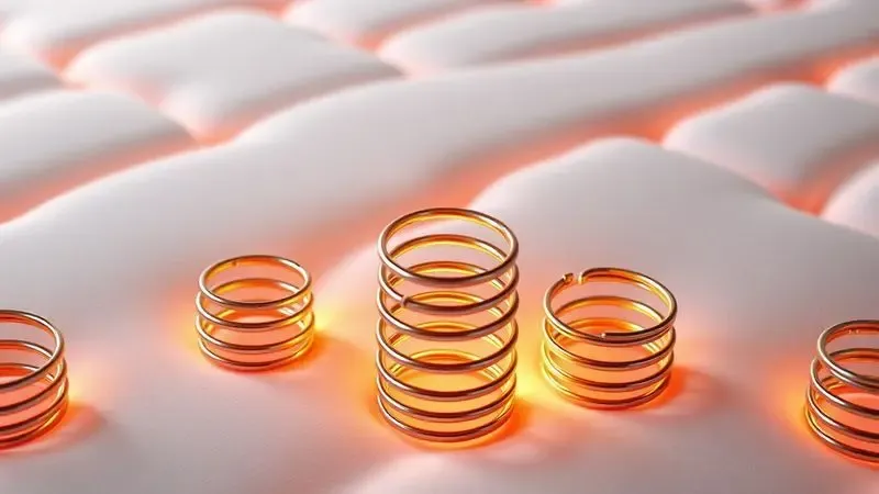 Ilustração 3D conceitual de molas ensacadas individuais envoltas em tecido branco com iluminação âmbar suave.