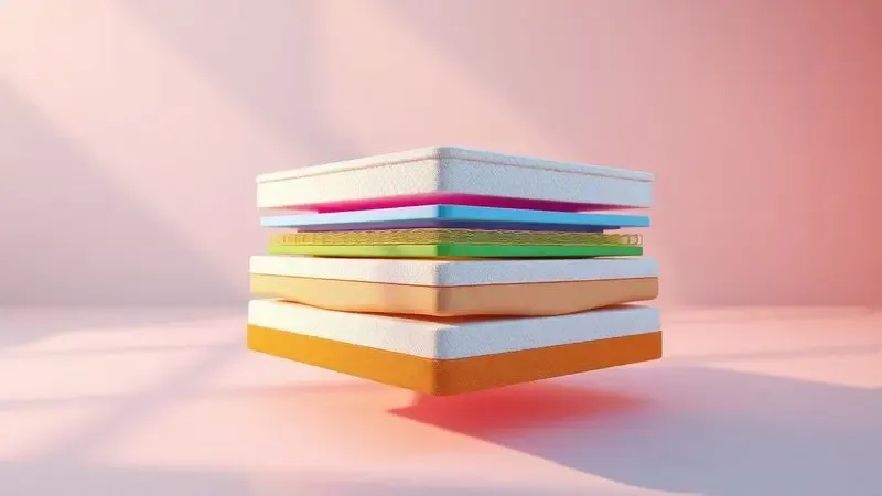 Vista explodida conceitual em 3D mostrando camadas de espuma colorida e molas ensacadas flutuando em um espaço minimalista.