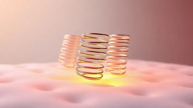 Representação conceitual 3D de molas ensacadas individuais dentro de um colchão com iluminação dourada e suave.