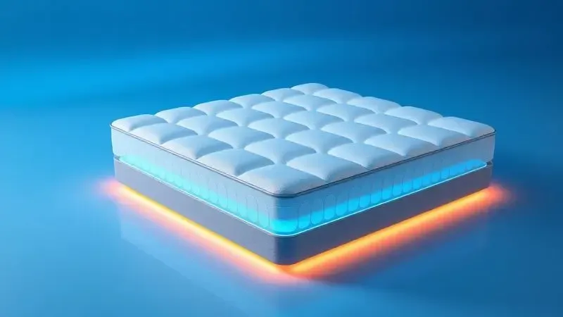 Ilustração 3D tecnológica mostrando o suporte interno de molas para um sono ergonômico e tranquilo em tons de azul.