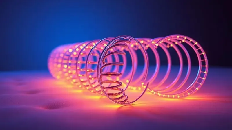 Renderização 3D abstrata de molas internas brilhantes em tons de azul e dourado simbolizando tecnologia e suporte.