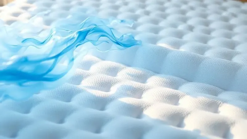 Ilustração abstrata em 3D mostrando o fluxo de ar refrescante através da superfície de um colchão tecnológico.