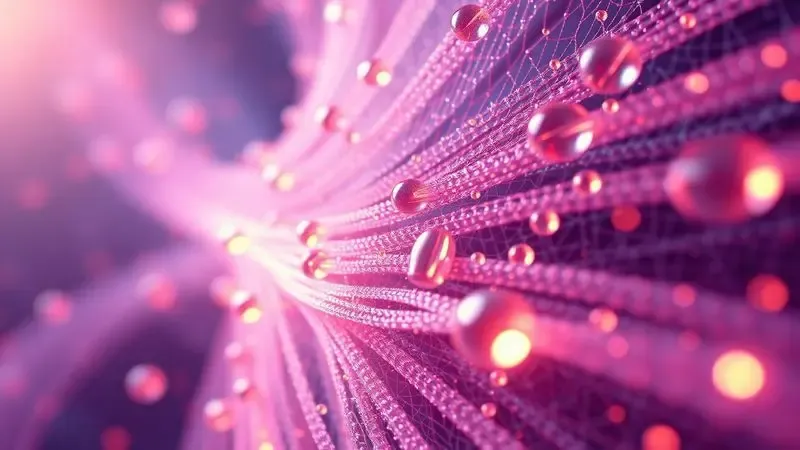 Visualização 3D de fibras têxteis tecnológicas e partículas de gel em movimento, representando inovação em colchões.