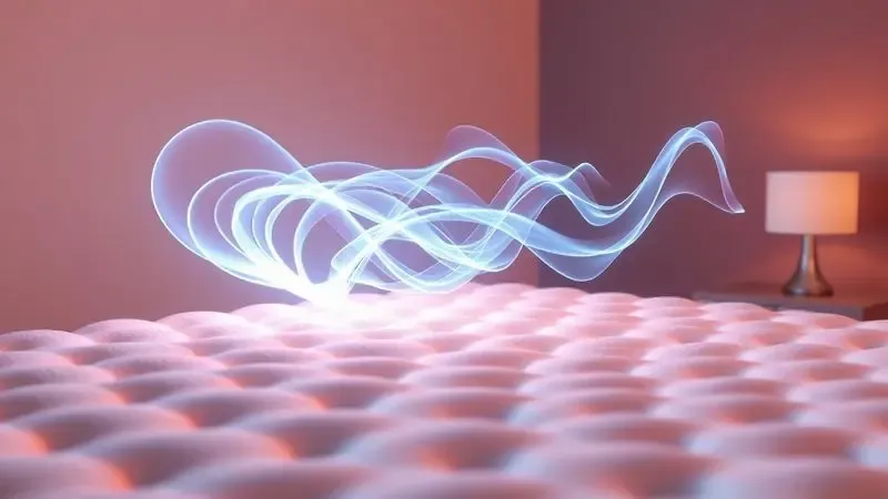 Visualização abstrata em 3D de ondas de frescor e tecnologia avançada sobre a superfície de um colchão.