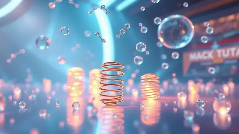 Visualização estilizada de tecnologia de molas e partículas de gel refrescante em um ambiente futurista.