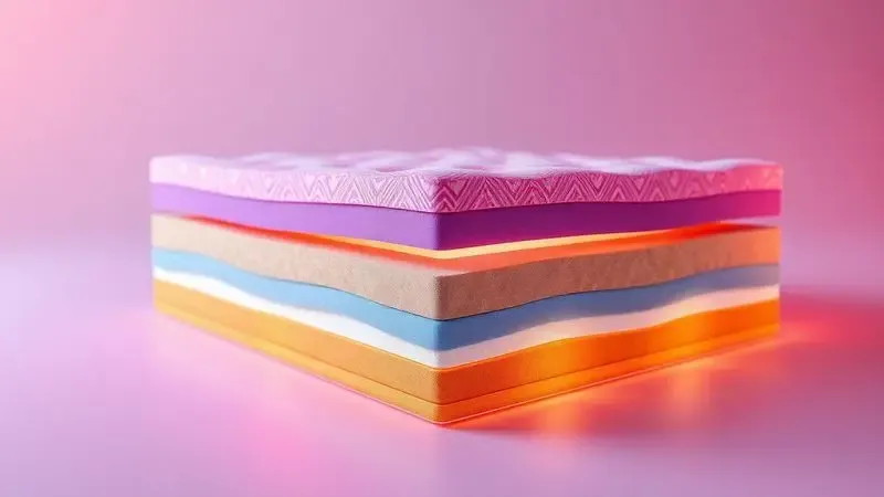 Ilustração 3D mostrando camadas internas conceituais de um colchão com molas e espuma colorida.