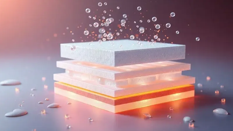 Visualização abstrata em 3D das camadas internas de tecnologia e frescor de um colchão de alta qualidade.