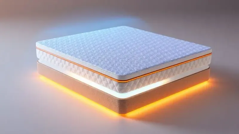 Visão interna conceitual em 3D das camadas de espuma e molas de um colchão de alta tecnologia.