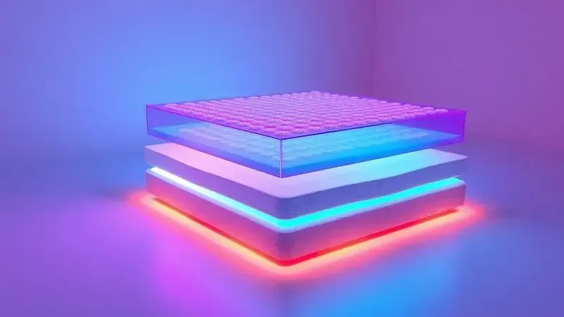 Representação conceitual 3D das camadas internas e tecnologia de fluxo de ar de um colchão.