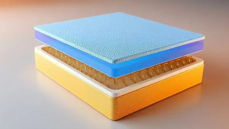 Representação em 3D conceitual das camadas internas e molas de um colchão tecnológico com iluminação quente.