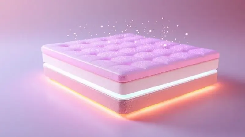 Representação conceitual em 3D das camadas internas e tecnologias de um colchão de alta qualidade.