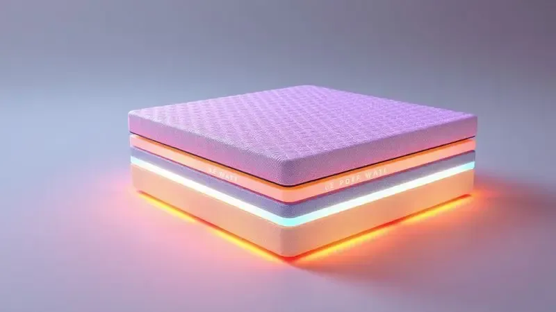 Visualização conceitual em 3D das camadas internas e tecnologias de um colchão de alta qualidade com luzes vibrantes.