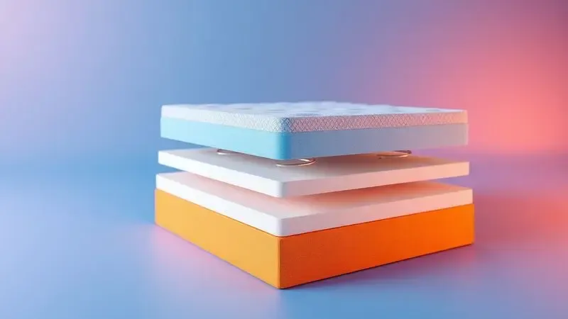 Ilustração 3D conceitual mostrando as camadas internas tecnológicas de um colchão com molas e espumas coloridas.