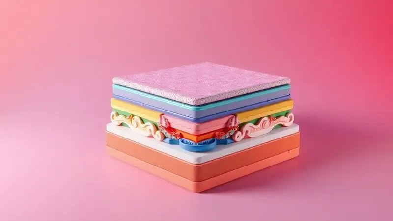 Representação conceitual em 3D das camadas internas de conforto e tecnologias de suporte de um colchão de luxo.