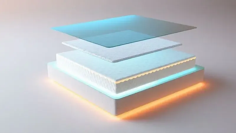 Visualização 3D das camadas internas e tecnologia de suporte estrutural de um colchão premium.