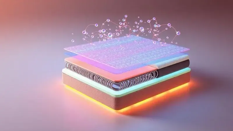 Ilustração conceitual 3D das camadas internas e tecnologias de conforto de um colchão moderno com espumas coloridas.