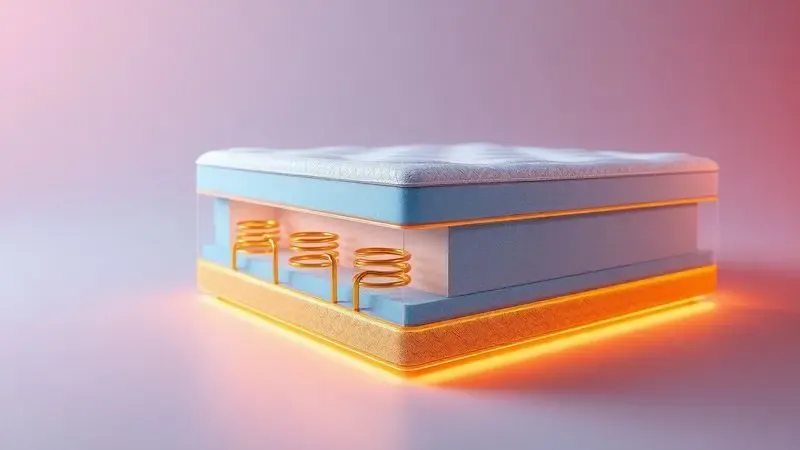 Renderização conceitual 3D das camadas internas de um colchão, destacando molas e espumas tecnológicas com iluminação dourada.