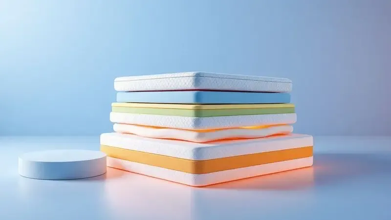 Representação conceitual em 3D das camadas tecnológicas e materiais de alta qualidade usados em um colchão moderno.