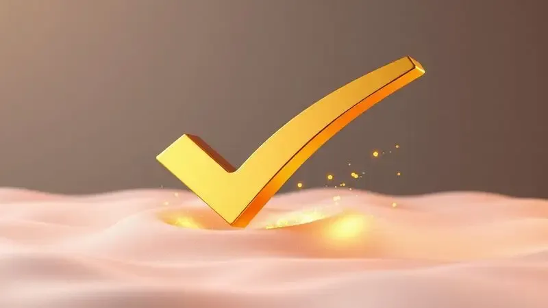 Selo de qualidade dourado em 3D flutuando sobre uma superfície macia, simbolizando excelência e confiança.