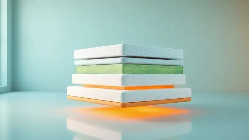 Cena conceitual 3D comparando diferentes tecnologias e materiais de espumas para colchões medicinais modernos.