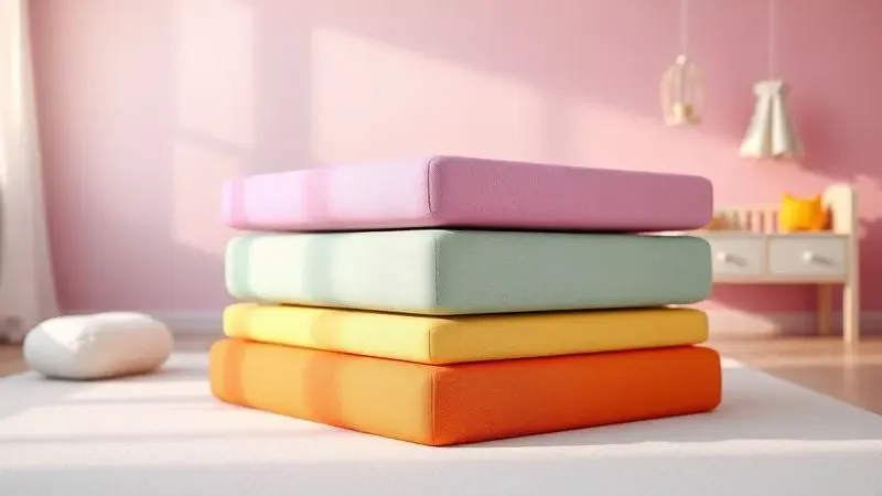 Diferentes texturas e camadas de espumas coloridas e vibrantes representando tipos de colchões para berço.