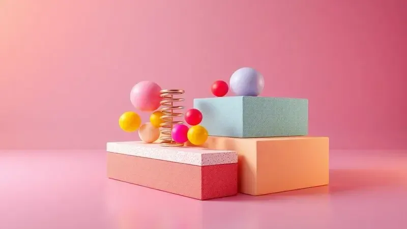 Ilustração 3D abstrata comparando a estrutura interna de molas e espuma para colchões de forma vibrante.