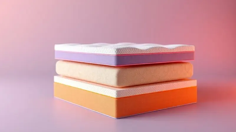 Ilustração 3D das camadas internas de um colchão mostrando molas e espuma de alta tecnologia em cores vibrantes.