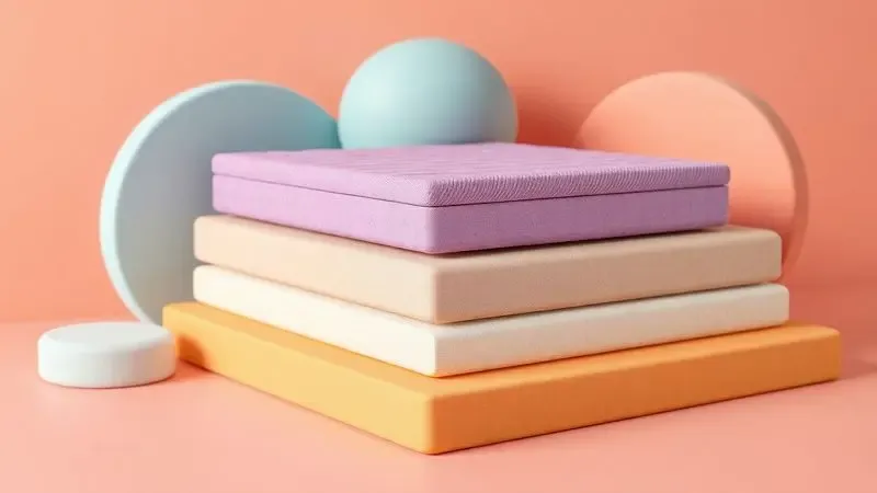 Camadas estilizadas e coloridas representando diferentes materiais e densidades de um colchão infantil em 3D.