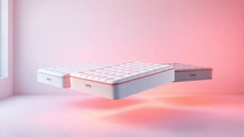 Diferentes tipos de colchões, incluindo modelos de molas e espuma, apresentados de forma conceitual e elegante.