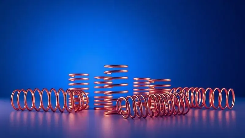 Ilustração 3D artística de molas de colchão metálicas com iluminação quente e fundo azul profundo.