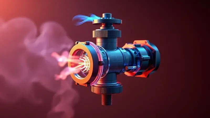 Representação conceitual 3D de uma válvula de ar de colchão inflável com iluminação dinâmica e fluxo de ar.