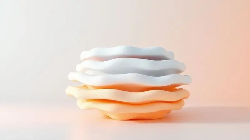 Representação 3D de diferentes camadas de espuma colorida com texturas variadas para colchões.