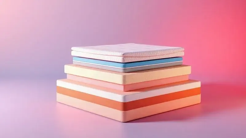 Ilustração 3D conceitual mostrando as camadas internas e diferentes materiais de um colchão premium.