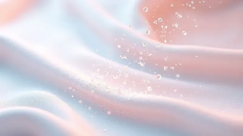 Ilustração 3D de uma superfície têxtil limpa e protegida contra ácaros e fungos com partículas brilhantes.