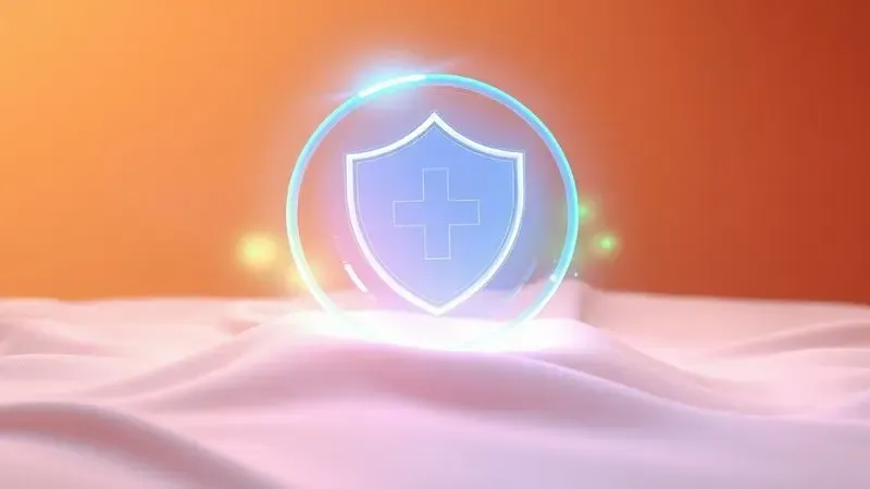 Escudo protetor brilhante sobre tecido de malha branca, simbolizando proteção hipoalergênica e saúde em renderização 3D.