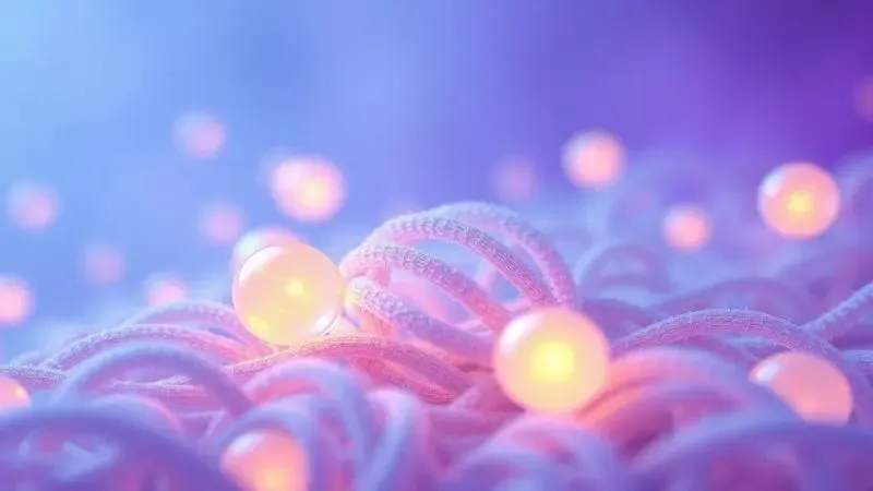 Visualização conceitual 3D de fibras têxteis protegidas por esferas brilhantes simbolizando proteção antialérgica.