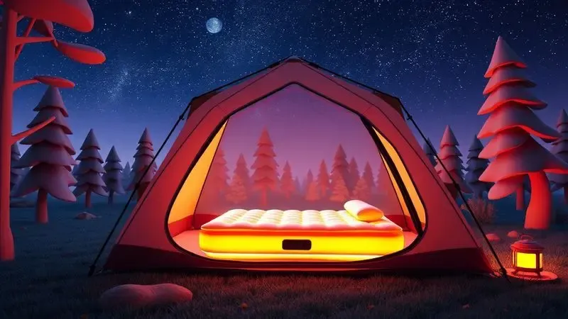 Cena 3D ilustrativa de um colchão inflável dentro de uma barraca de camping moderna em um cenário noturno.