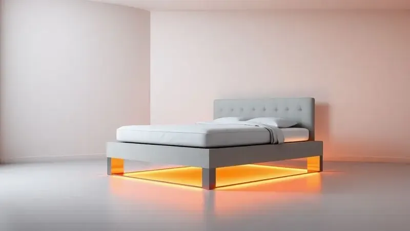 Base de cama box robusta e moderna em um ambiente minimalista com iluminação quente e cores vibrantes.