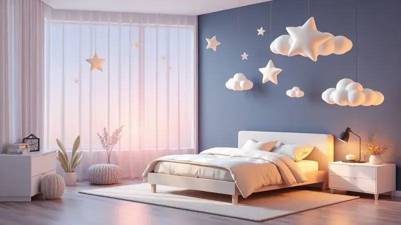 Ilustração 3D vibrante de um ambiente de quarto moderno e acolhedor destacando o conforto visual.