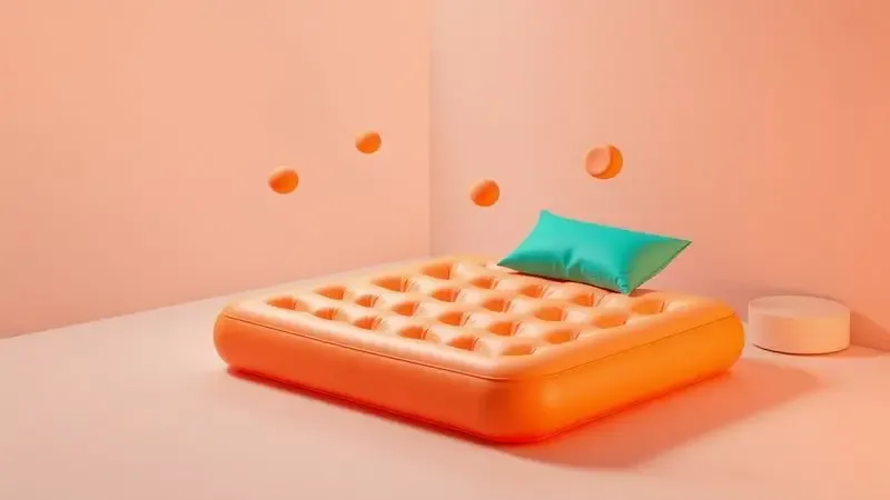 Ilustração 3D das camadas de conforto e resistência de um colchão inflável de alta qualidade.