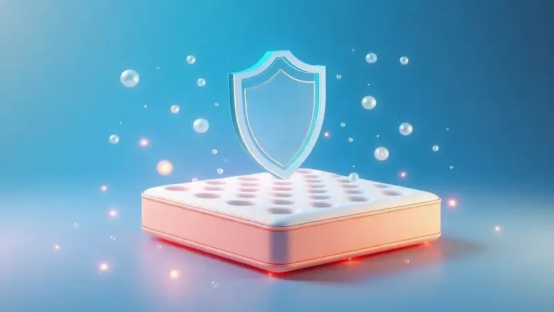 Ilustração 3D conceitual de um escudo protetor sobre um colchão simbolizando a higiene e a durabilidade das capas.