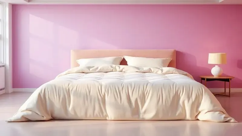 Cama de casal aconchegante com travesseiros macios em um quarto colorido e bem iluminado.