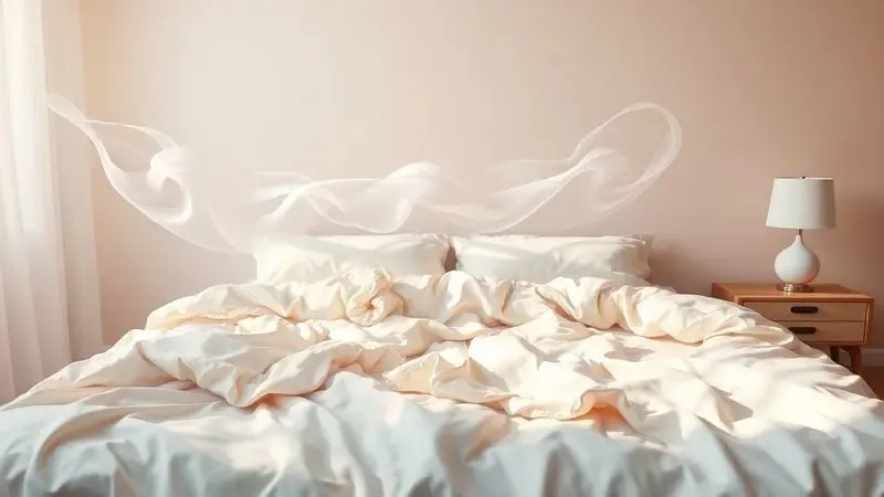 Cama com lençóis brancos levemente bagunçados e fluxo de ar fresco circulando no quarto iluminado.